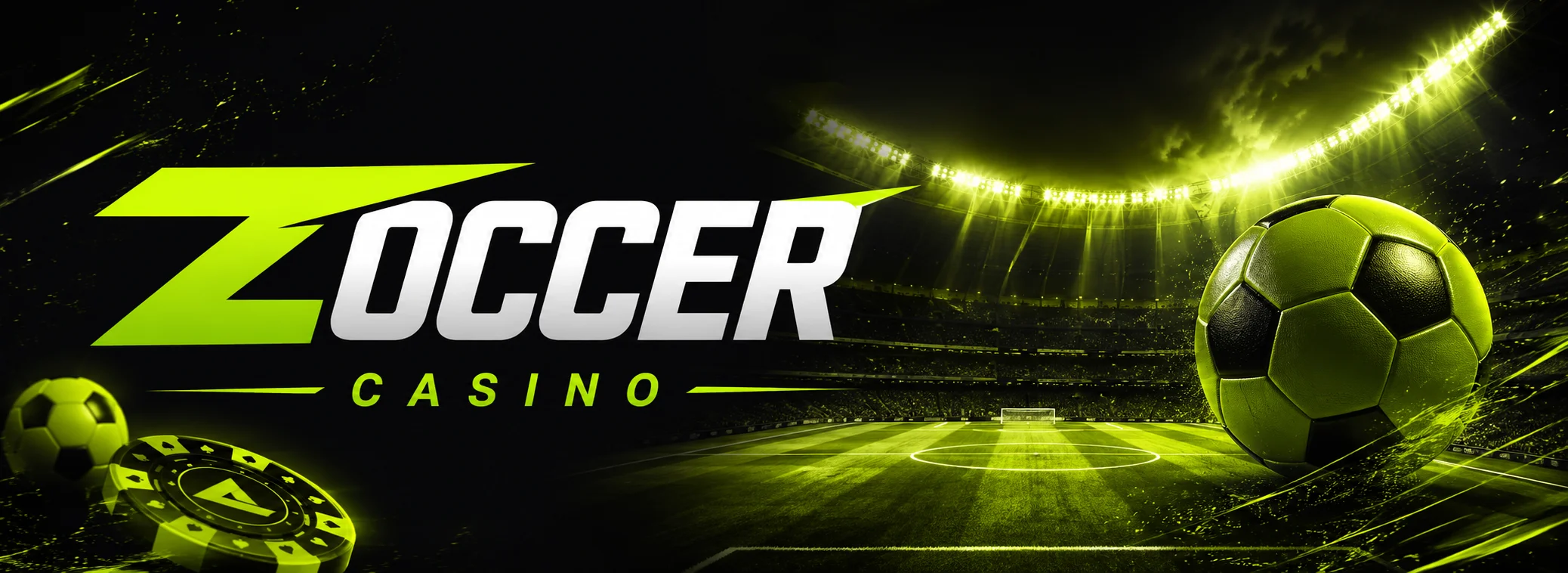 Zoccer Casino Banner mit Stadion-Motiv und Willkommensbonus 100 % bis 500 € plus 200 Freispiele
